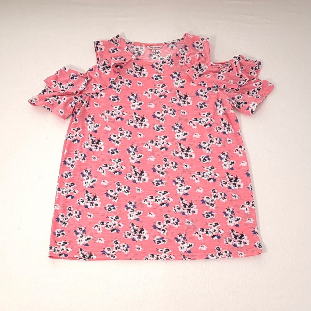 Juicy Couture Pink Floral Cold Shoulder Ruffle Sleeve Top Cottagecore Girly Sz L - Picture 12 of 15